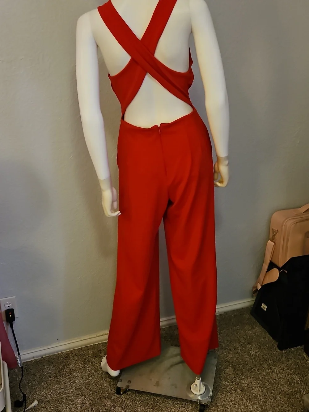 EXPRESS Red Open Crisscross Back Wide Leg Plunging Neckline Jumpsuit - Picture 6 of 9
